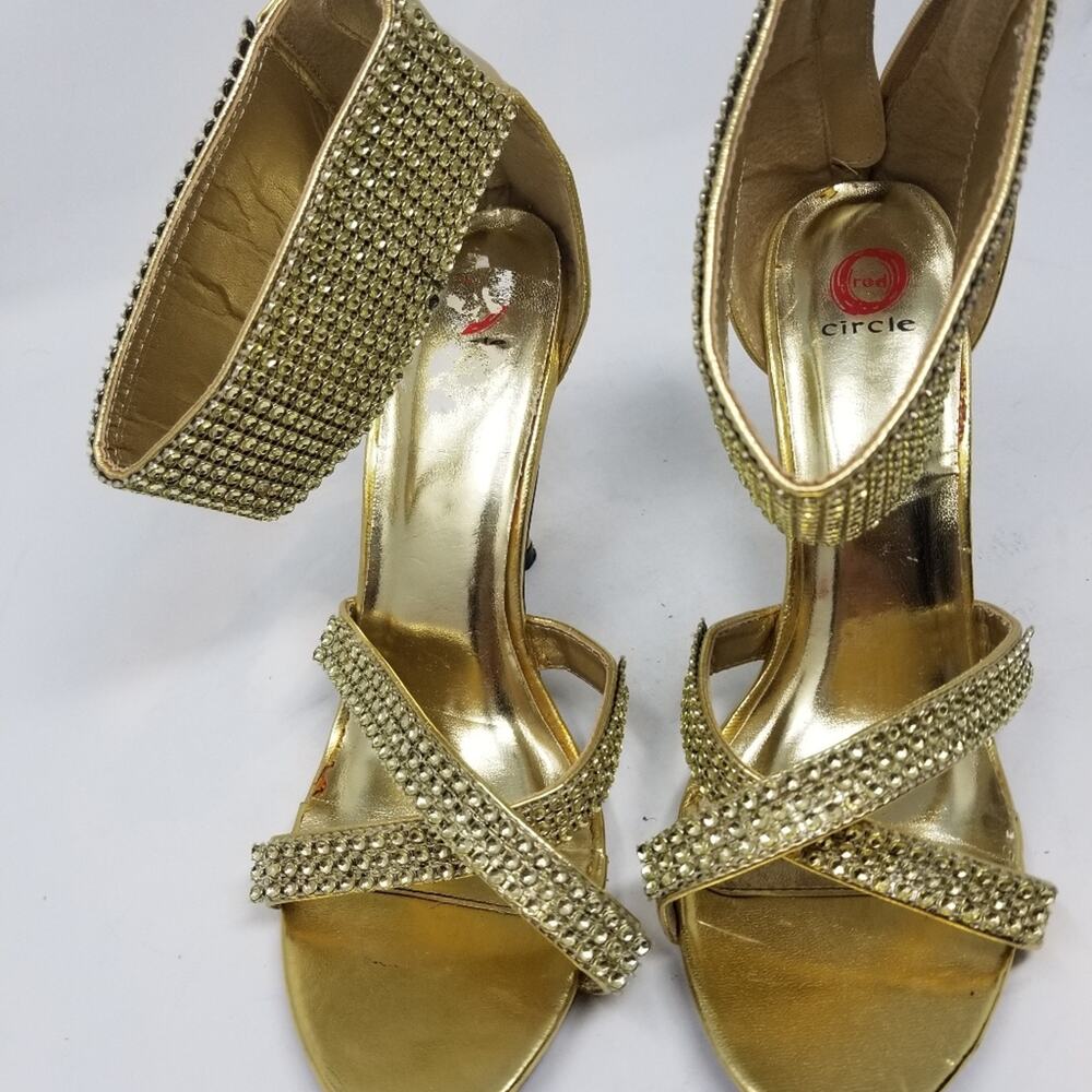 Red Circle Gold Crystals Ankle Stilettos Heels Zipper Back Blekis Women's Size 9 - Picture 4 of 16